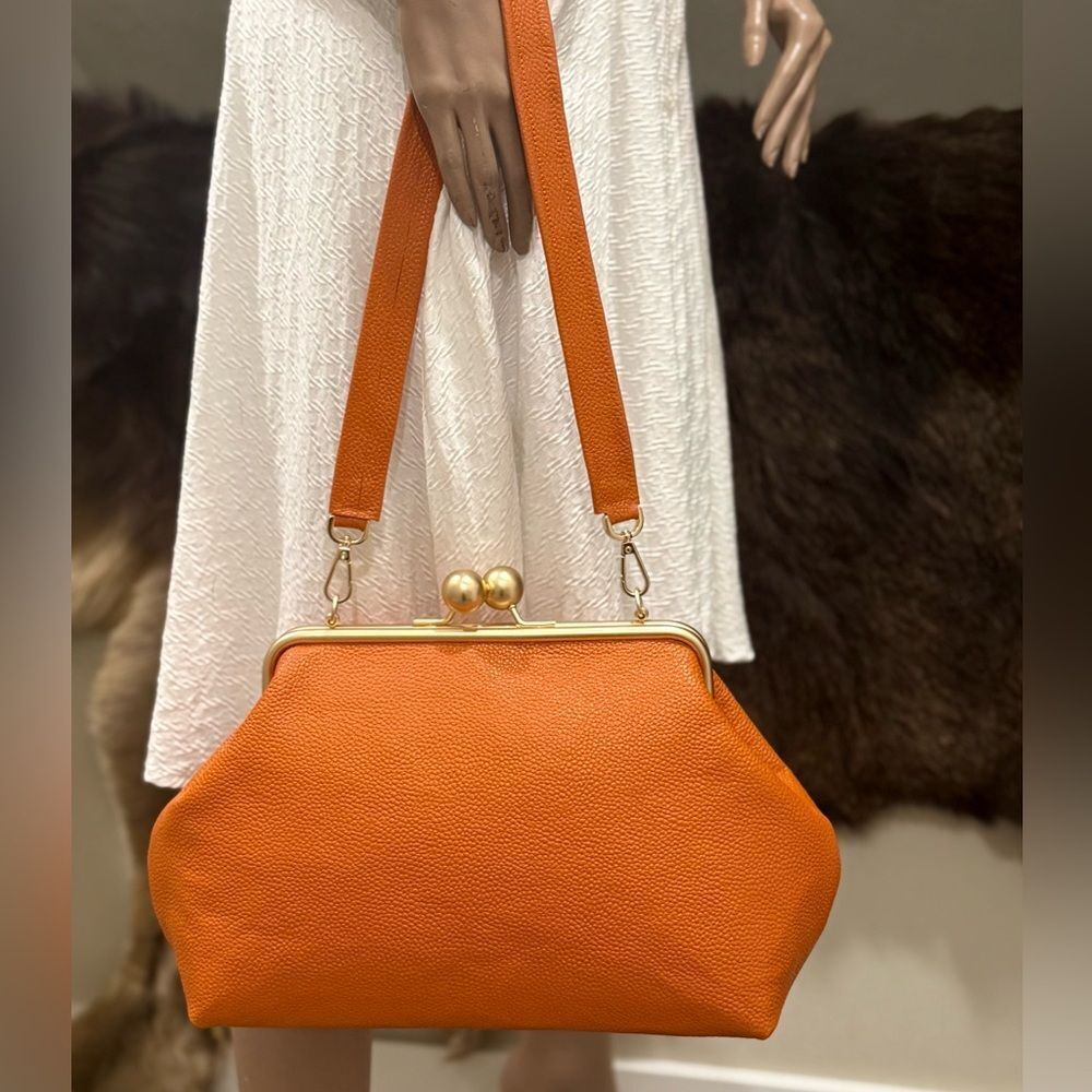 Orange Pebble Leather Handmade Vintage Style Extra Large Kisslock Frame Bag - Picture 3 of 16